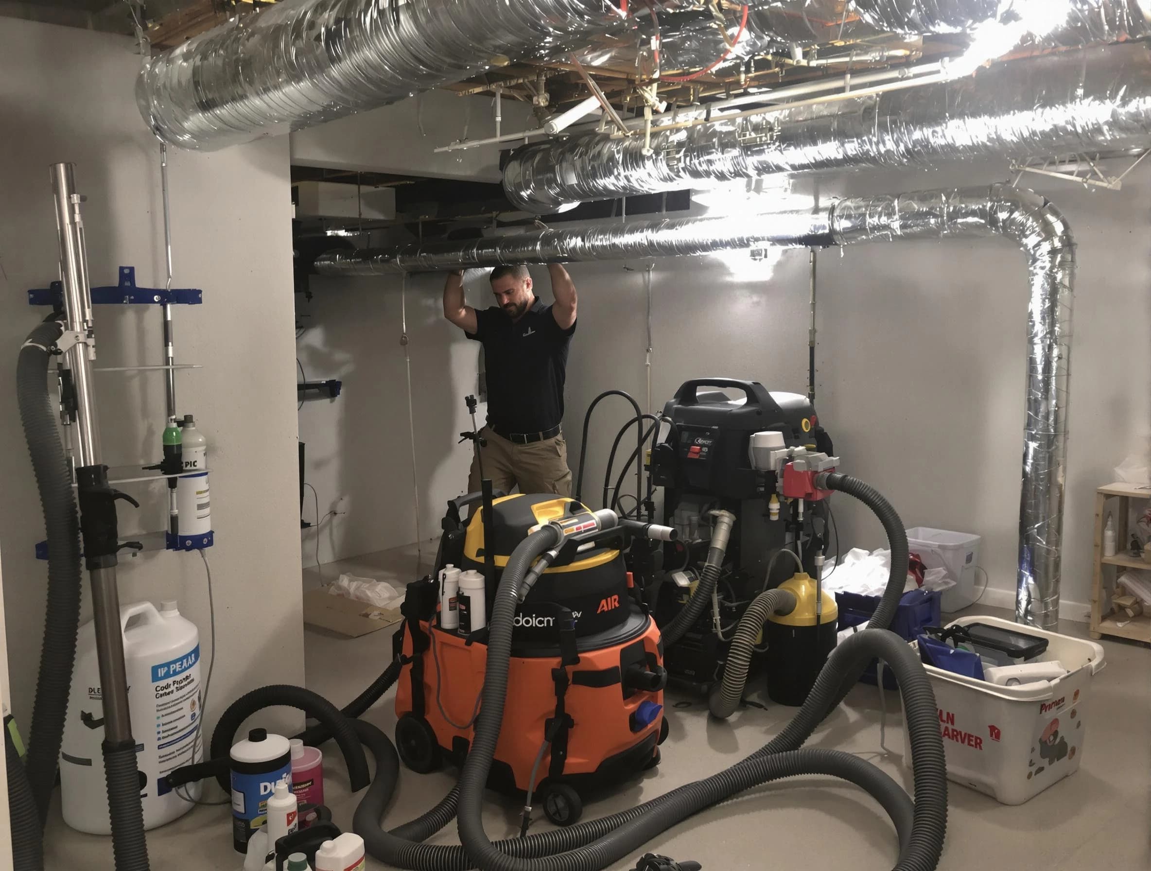 Clanton Air Duct Cleaning specialist performing professional mold removal from air ducts using safety equipment in Clanton